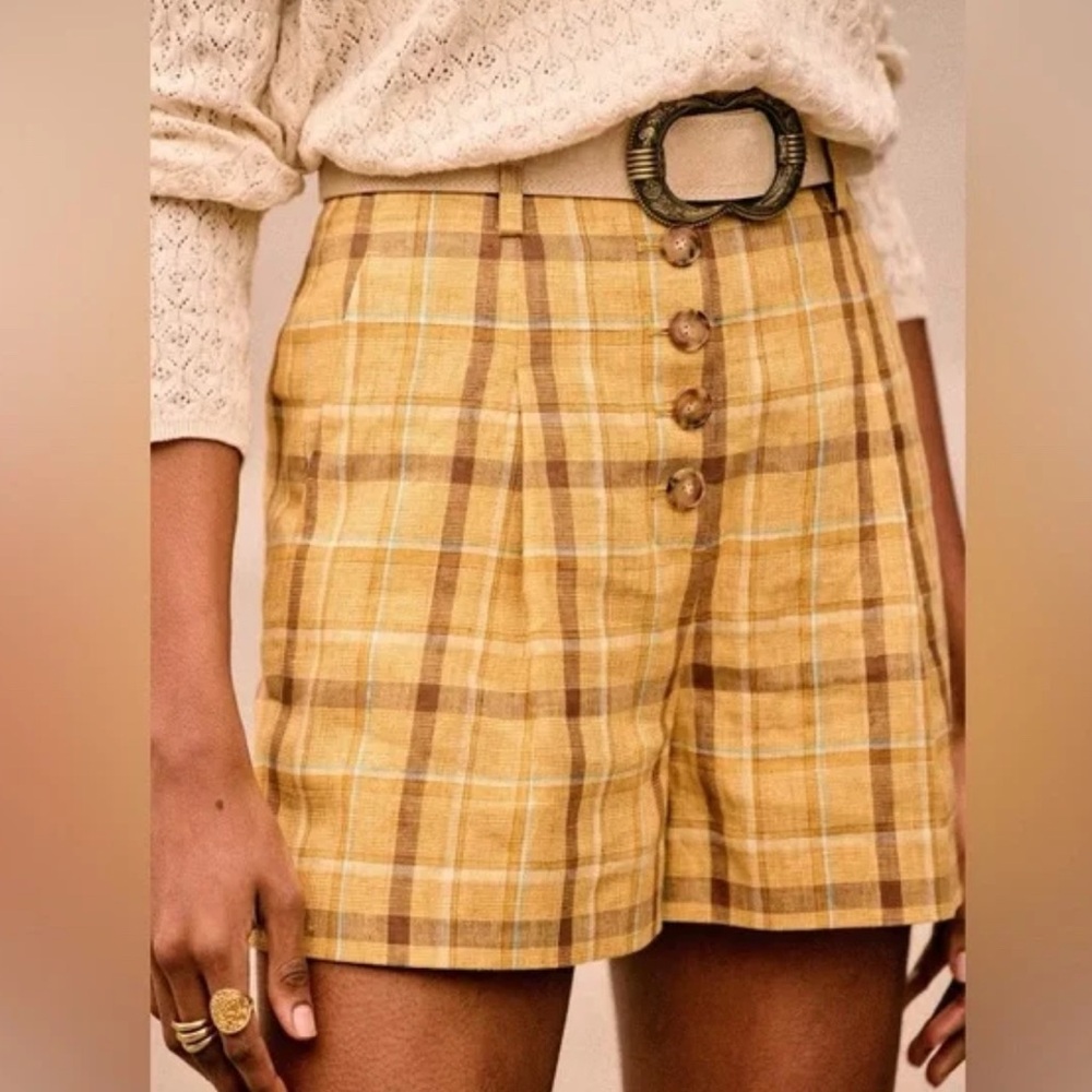 Sezane Yellow Plaid Button-Up Shorts